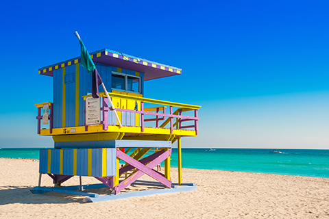 This is a stock photo. A lifeguard station on Miami Beach in Miami, Florida.