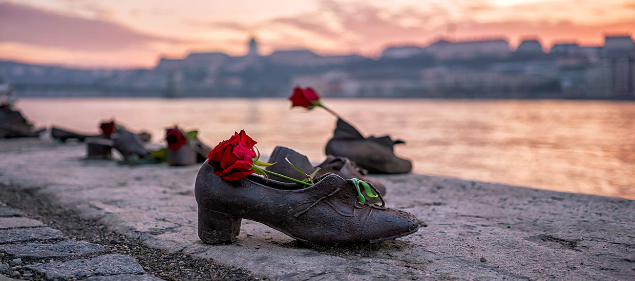 This is a stock photo. The shoes on Danube Bank are a Holocaust memorial to honor the Jews who were killed in Budapest, Hungary during World War II.