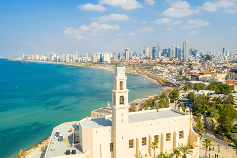 Panoramic view of The old city port of Jaffa with modern Tel Aviv skyline in the background.