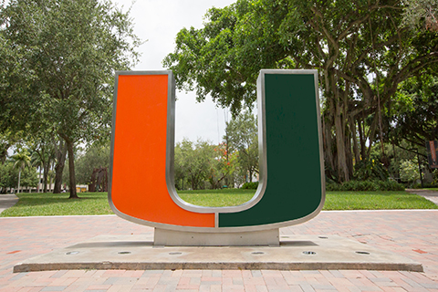 A photography of "The Rock;" a statue of the University of Miami logo on the Coral Gables campus.